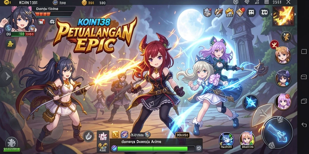 Screenshot gameplay KOIN138 menampilkan karakter anime dalam pertempuran epik.