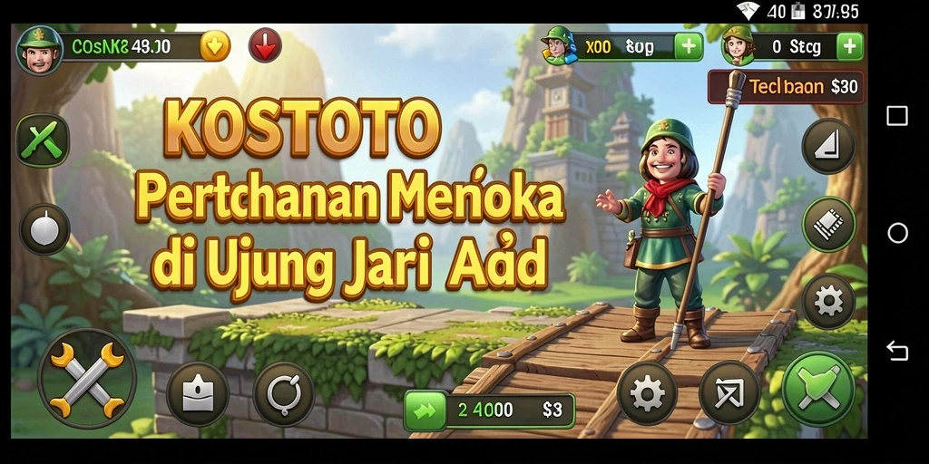 Screenshot gameplay KOSTOTO menampilkan aksi menara melawan gelombang musuh.