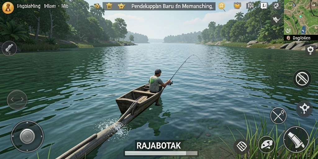 Tampilan gameplay RAJABOTAK yang seru dan realistis saat memancing.
