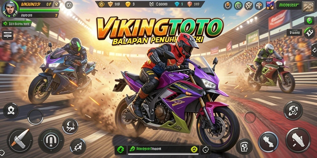 Screenshot gameplay VIKINGTOTO menunjukkan balapan aksi motor yang mendebarkan.